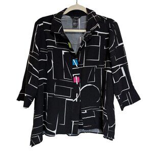 Ali Miles Black Button Down Abstract Geometric Print Pattern Artsy Top Blouse